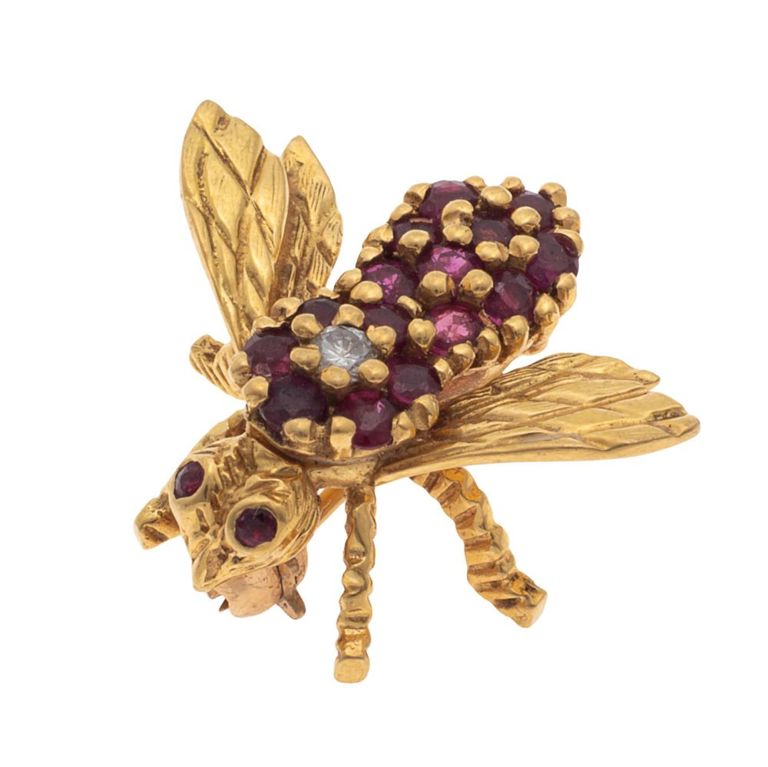 Diamond ruby 18k yellow gold bee pin