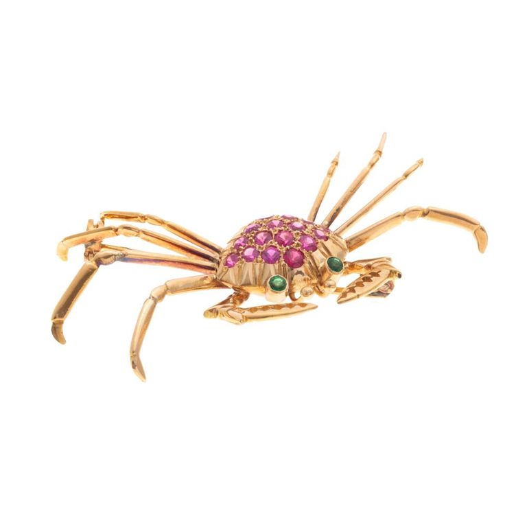 Ruby emerald 18k yellow gold crab pin