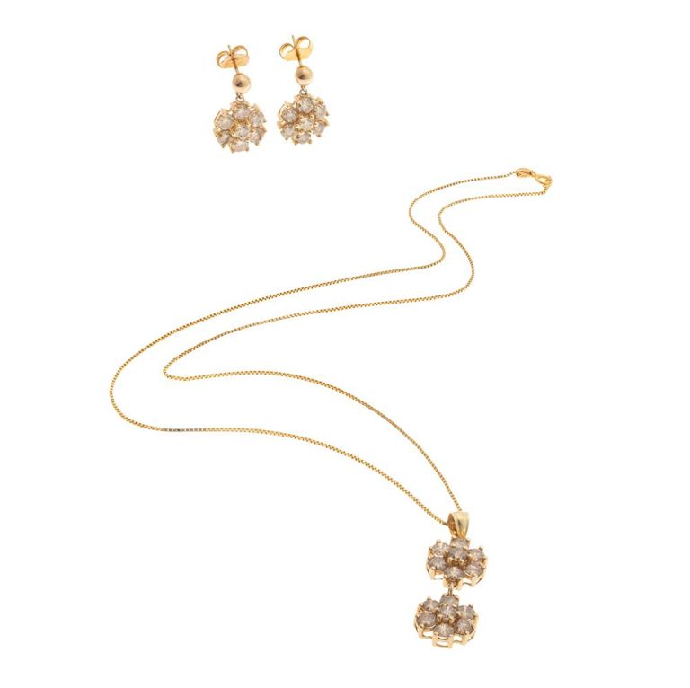 Diamond 14k yellow gold flower jewelry suite