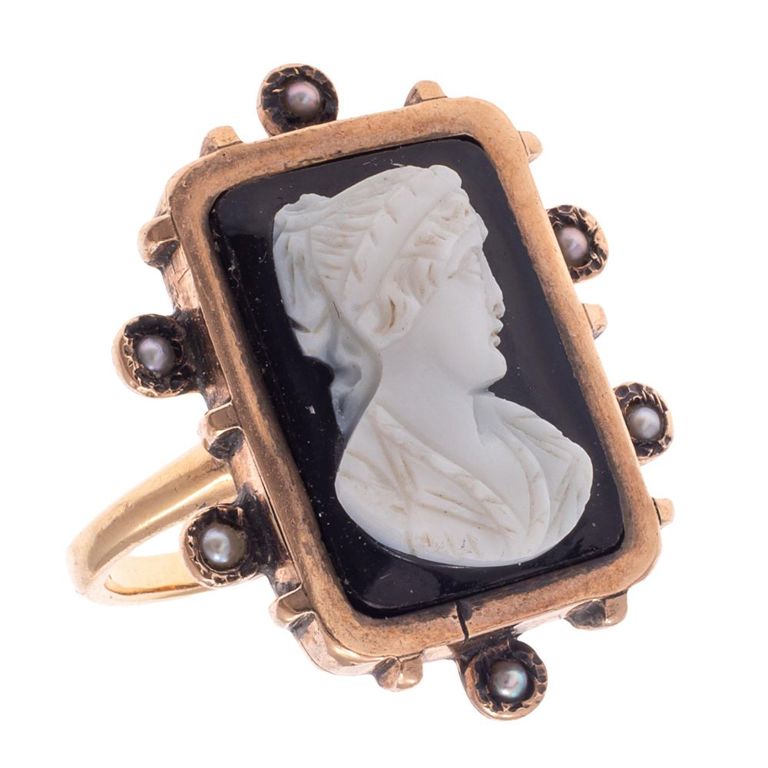 Hardstone cameo seed pearl 14k rose gold ring