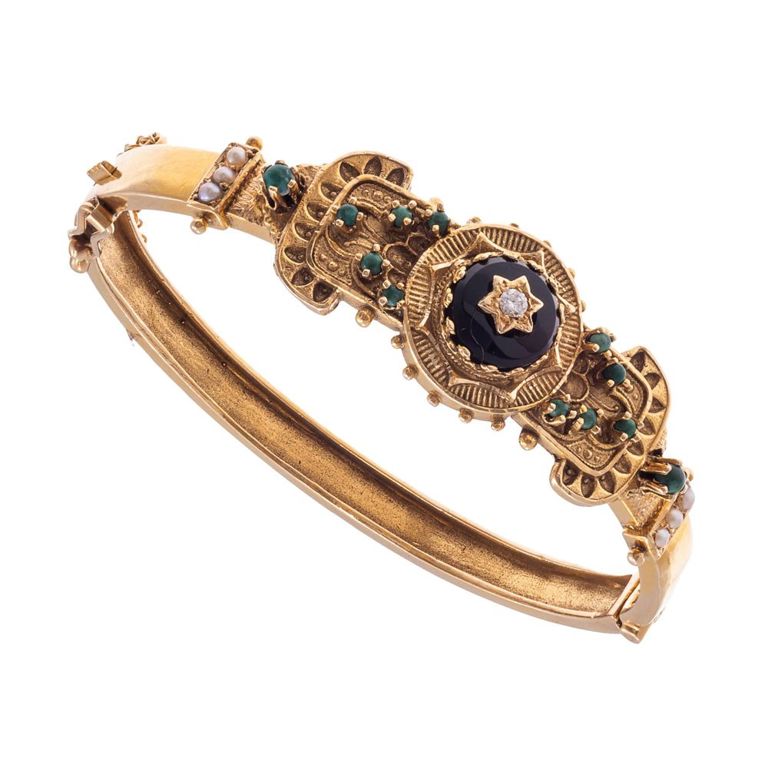 Victorian Revival diamond onyx 14k yellow gold bracelet