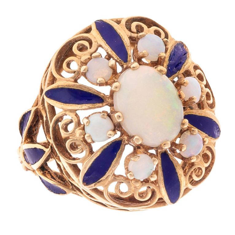 14k yellow gold and enamel opal ring