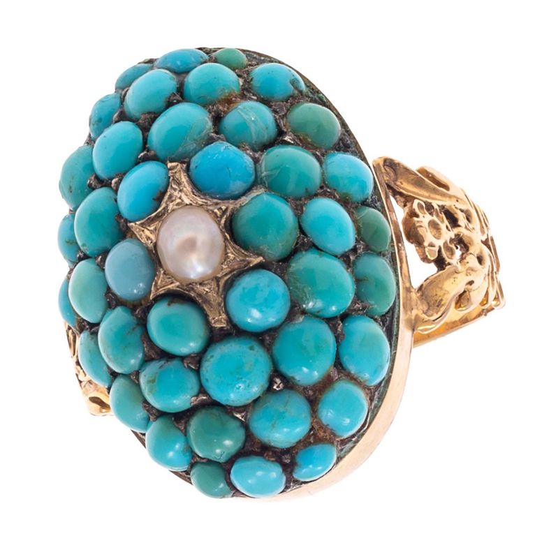 15k yellow gold turquoise, seed pearl ring