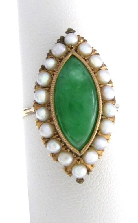 14k yellow gold jadeite pearl ring