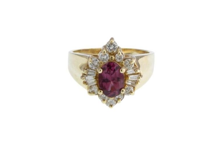 14k yellow gold rhodolite garnet diamond ring