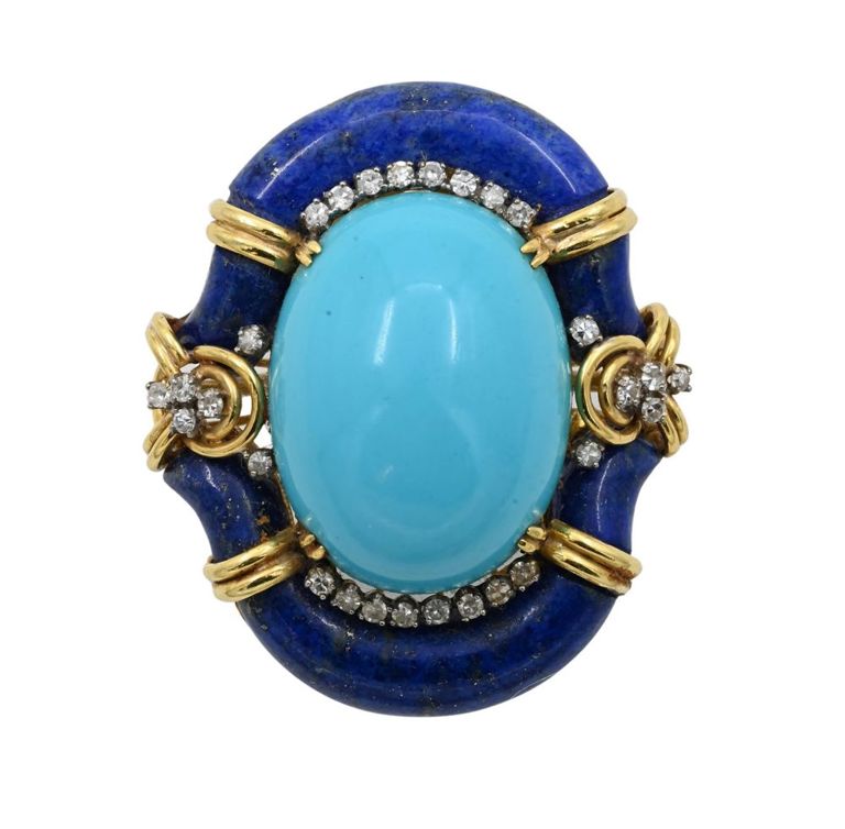 18k yellow gold turquoise, lapis and diamond cocktail ring