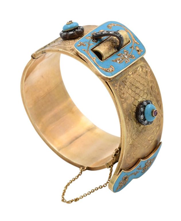 14k yellow gold turquoise and diamond hinged bangle bracelet