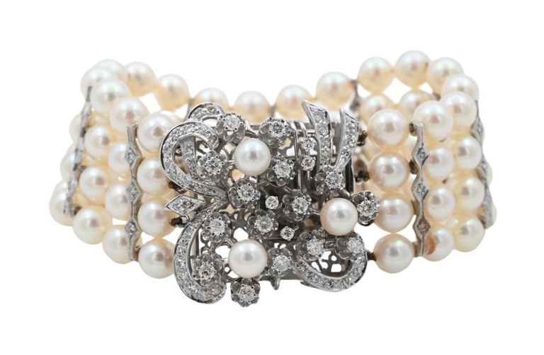 14k white gold pearl and diamond bracelet