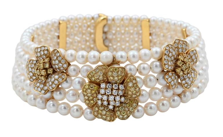 18k yellow gold diamond and pearl choker necklace