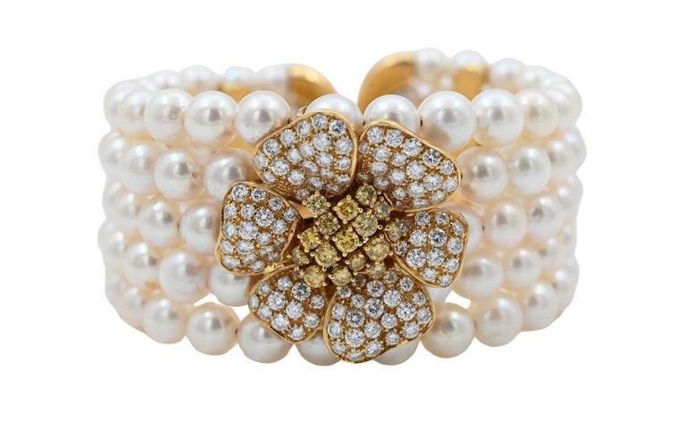 18k yellow gold diamond and pearl cuff bangle bracelet