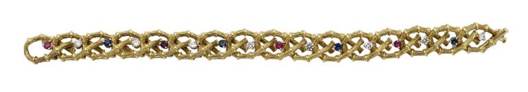 14k yellow gold ruby, sapphire and diamond bracelet
