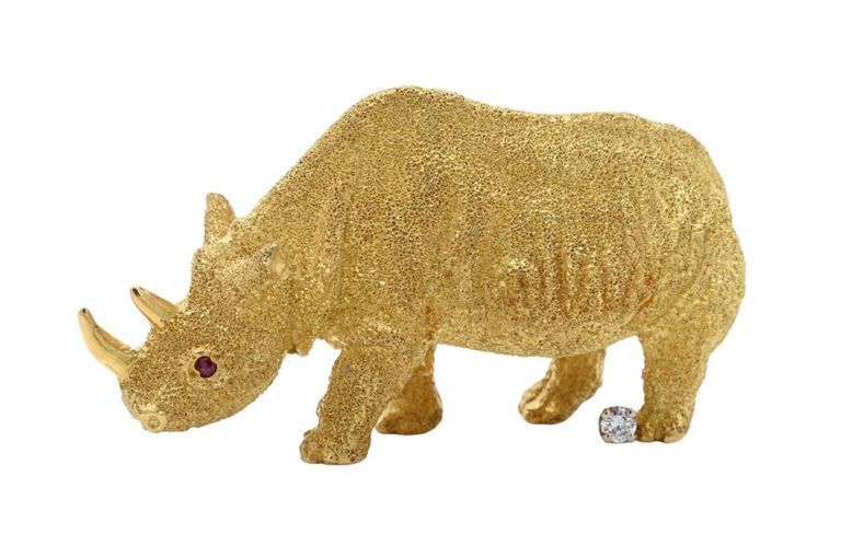 18k yellow gold ruby and diamond rhinoceros brooch