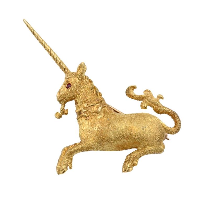 18k yellow gold ruby unicorn brooch