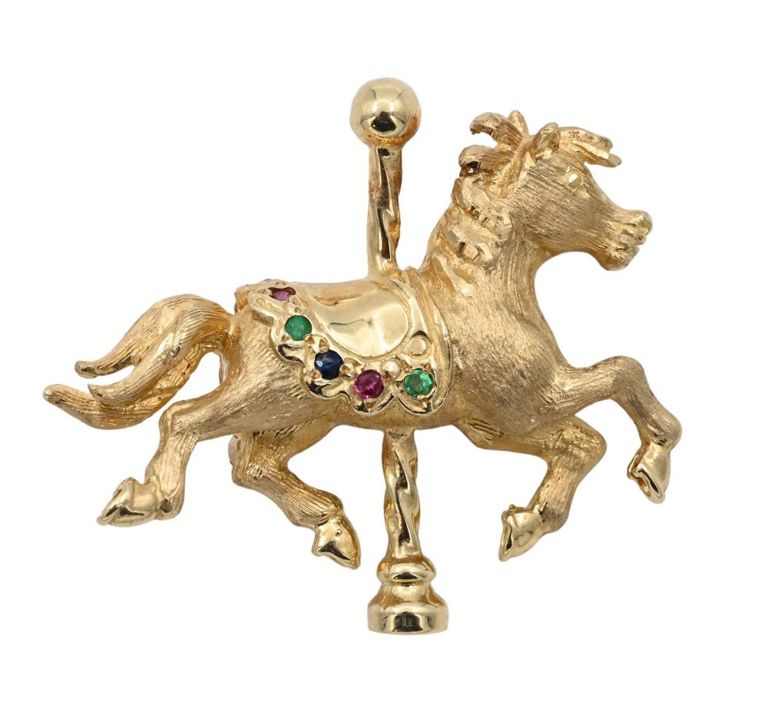 14k yellow gold sapphire, ruby and emerald brooch