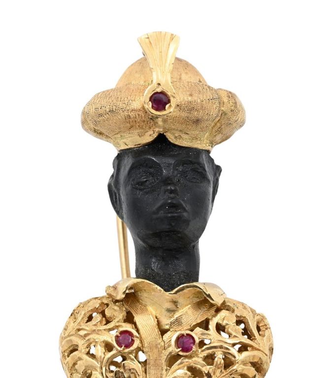 18k yellow gold and ebonized wood ruby brooch