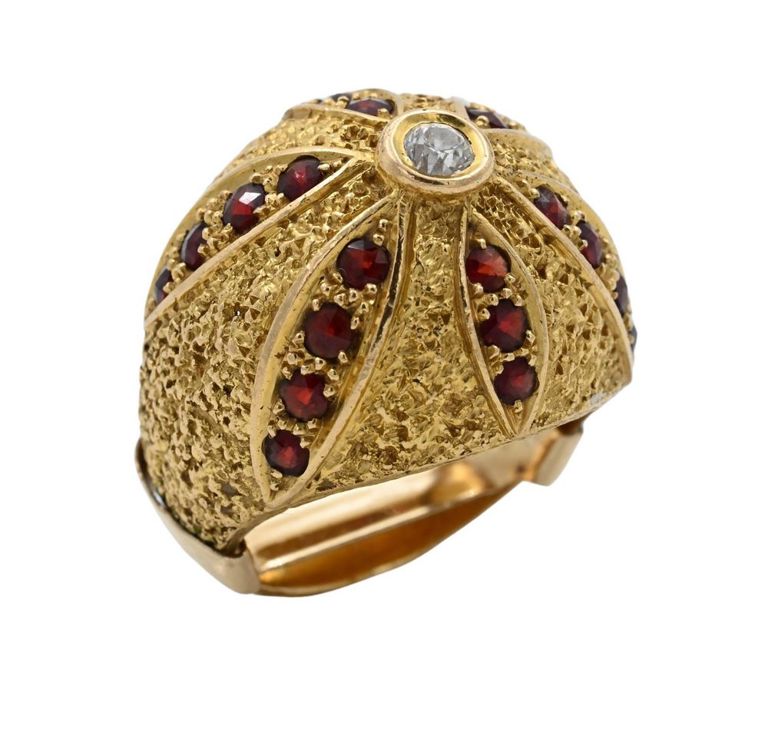 14k yellow gold garnet and diamond dome ring