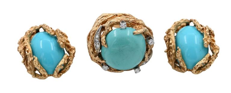 14k yellow gold turquoise and diamond jewelry set