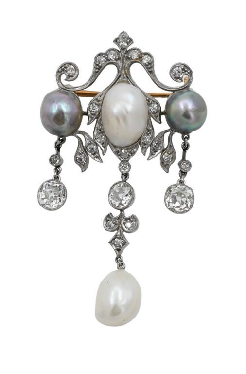 Platinum and gold diamond and pearl brooch
