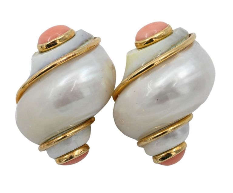 18k gold shell and coral earrings