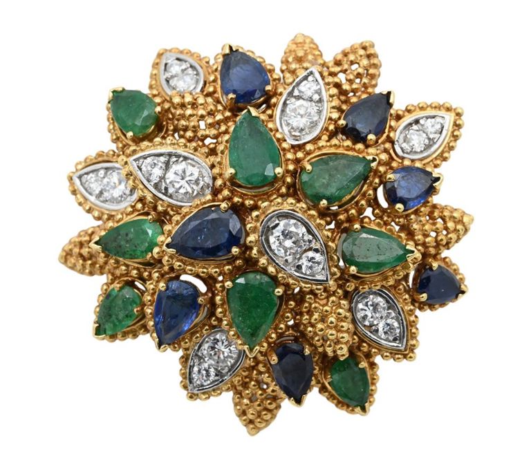 18k yellow gold diamond and green and blue stones brooch