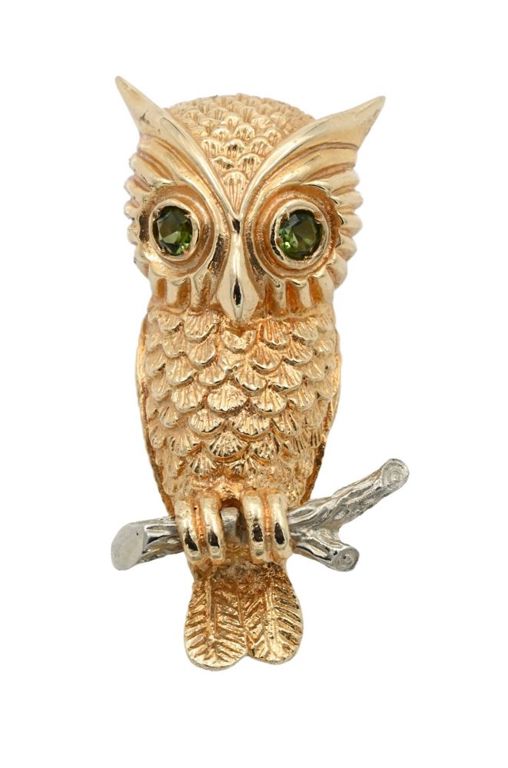 14k yellow gold and white gold owl brooch