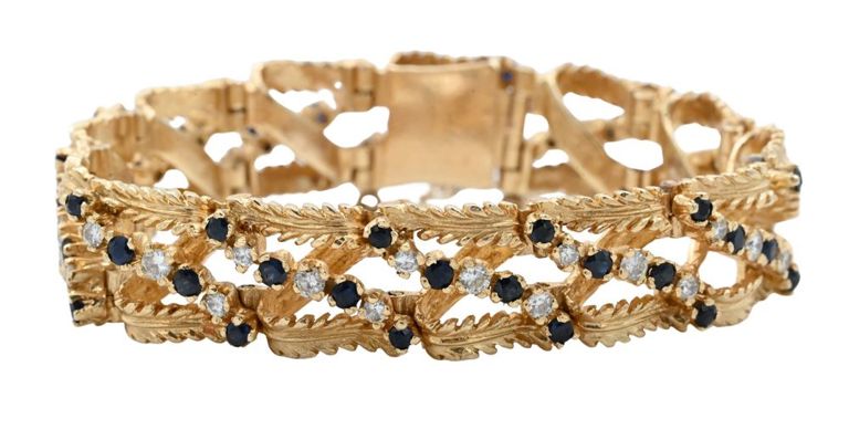 14k yellow gold diamond and blue stones bracelet