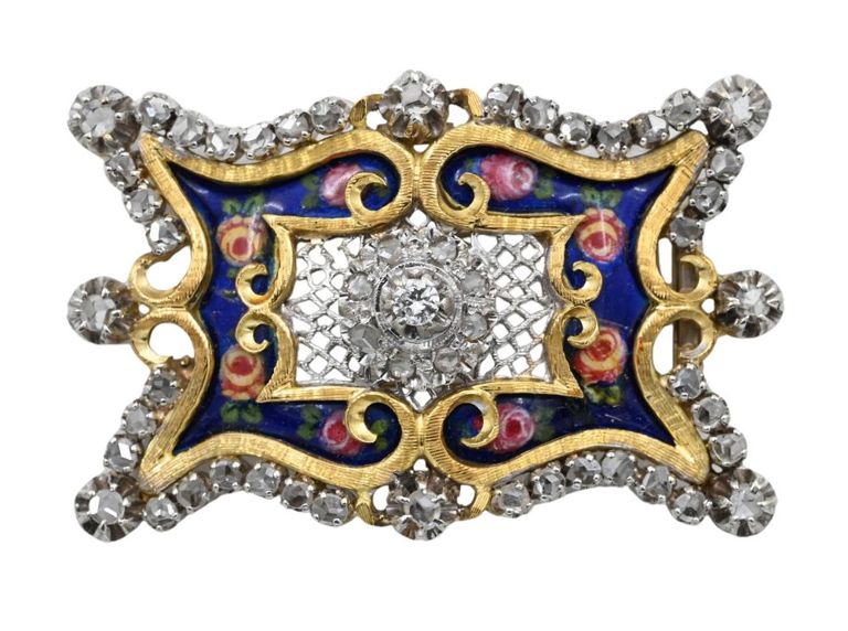 18k yellow and white gold diamond enameled brooch