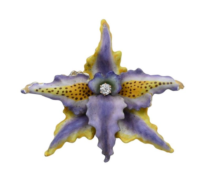 14k yellow gold and enamel diamond brooch