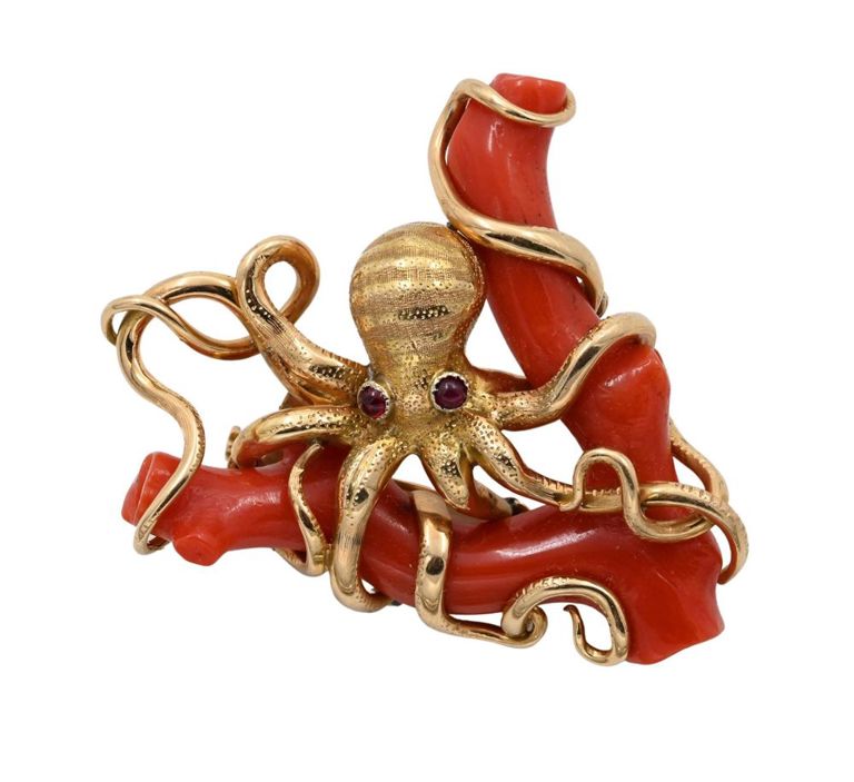 18k yellow gold, coral branch and red stones octopus brooch