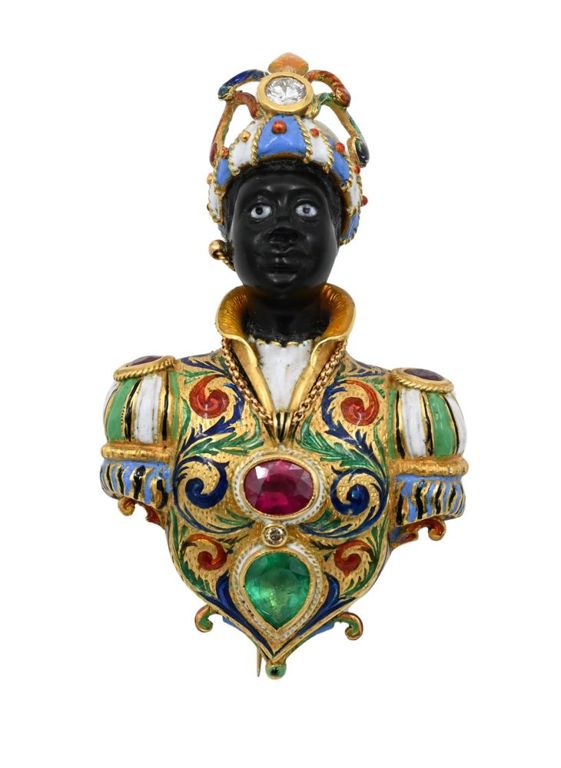 18k yellow gold multi gem and enamel blackamoor brooch