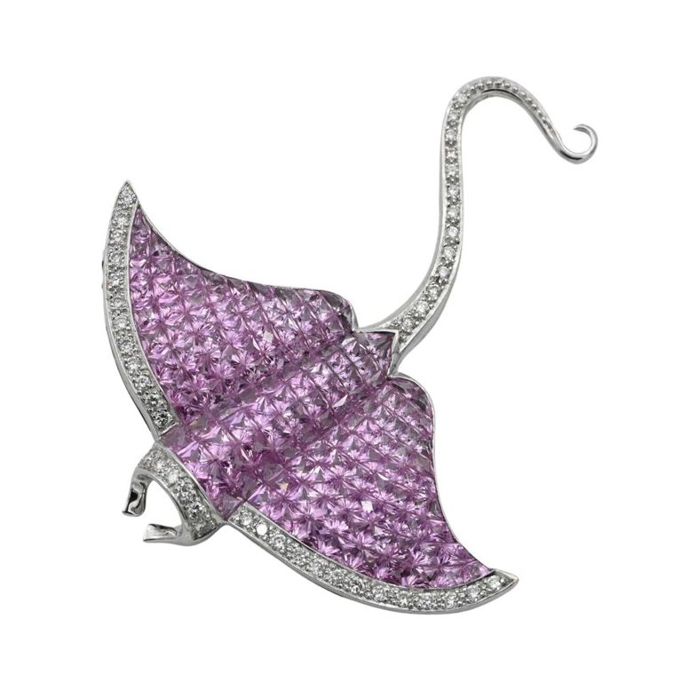 18k white gold diamond and sapphire stingray brooch
