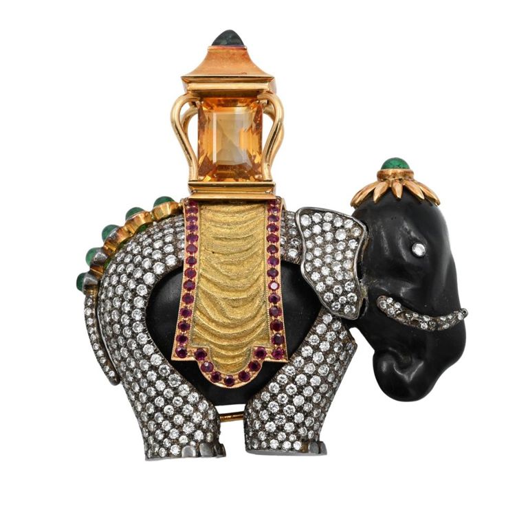 18k yellow gold multi gem and diamond brooch