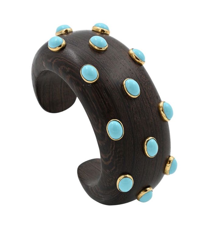 18k yellow gold and wood turquoise cuff bracelet