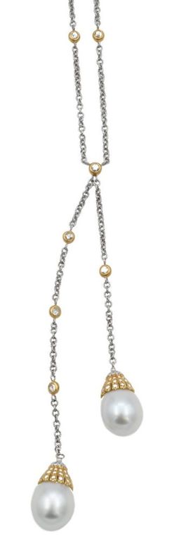 18k white and yellow gold pearl and diamond lariat necklace