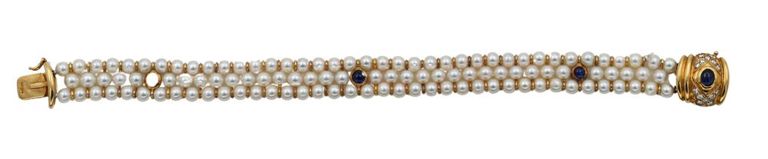 18k yellow gold pearl, sapphire and diamond bracelet