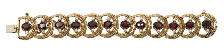 14k yellow gold red stone and pearl bracelet