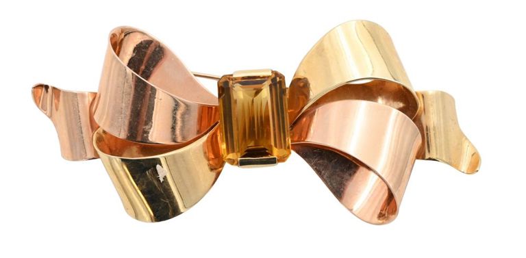 14k yellow gold amber bow brooch