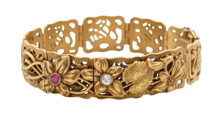 14k gold openwork diamond and ruby floral bracelet