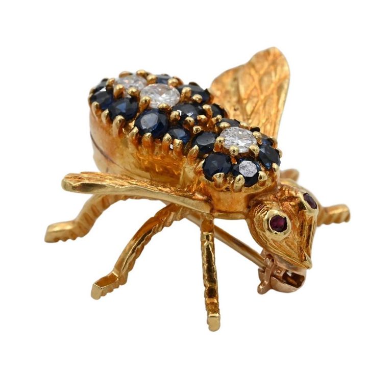 18k yellow gold diamond, sapphire and ruby bee brooch