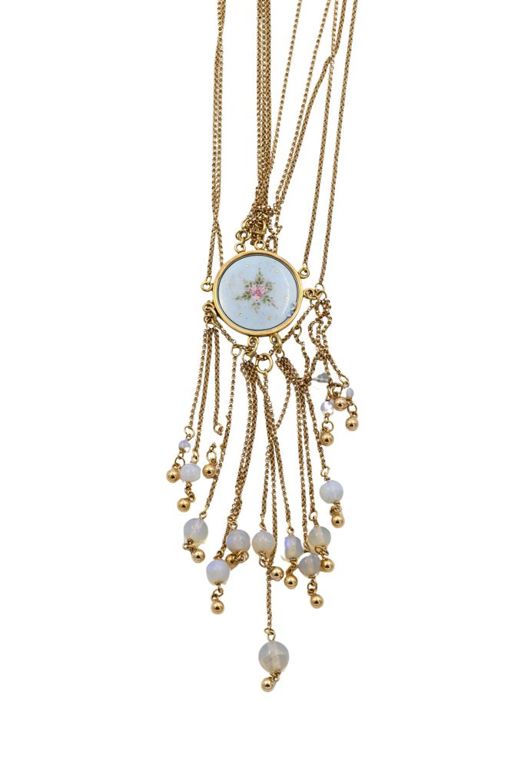14k yellow gold and enamel moonstone pendant necklace