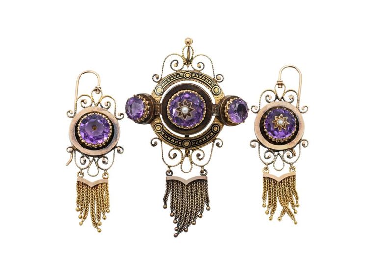 14k yellow gold purple stone jewelry set