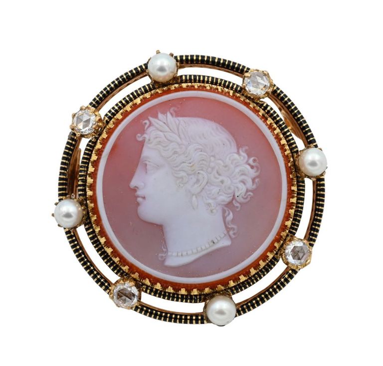 18k gold enamel, pearl and diamond stone cameo brooch