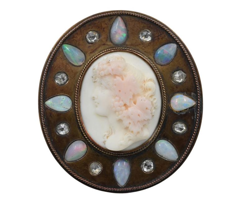 14k yellow gold coral, opal and sapphire cameo brooch/pendant