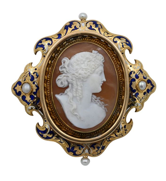 14k yellow gold, enamel and pearl shell cameo brooch