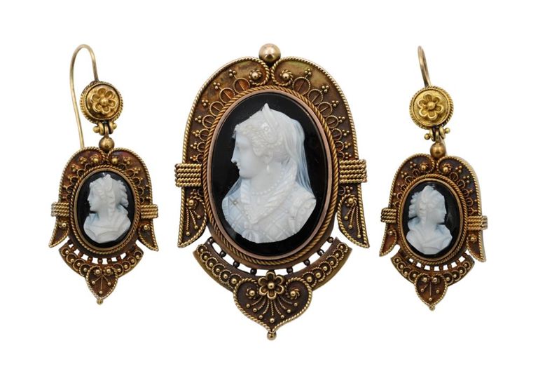 14k yellow gold stone cameo jewelry set