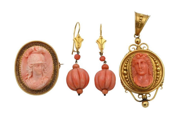 Gold coral cameo jewelry set