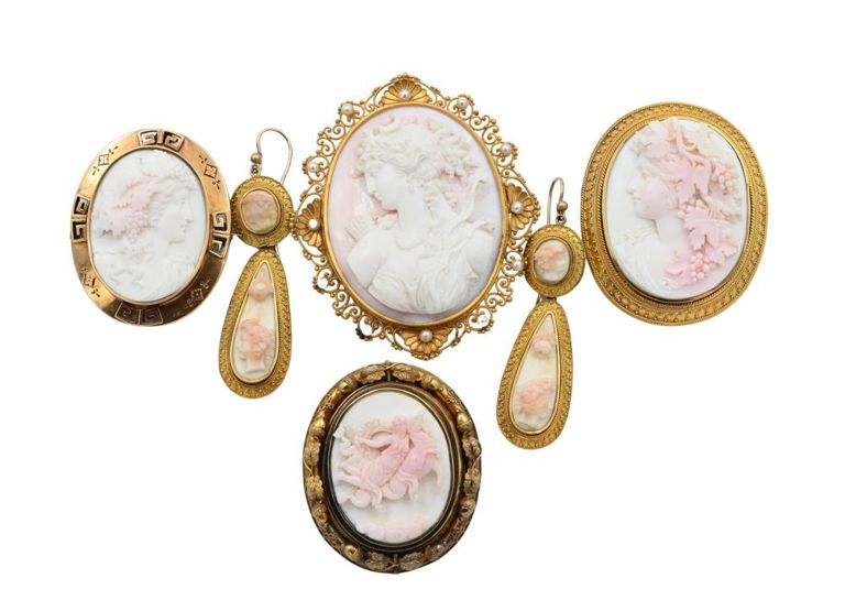 14k yellow gold coral cameo jewelry set