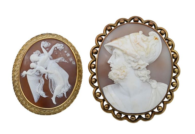 Two 14k gold cameo brooches