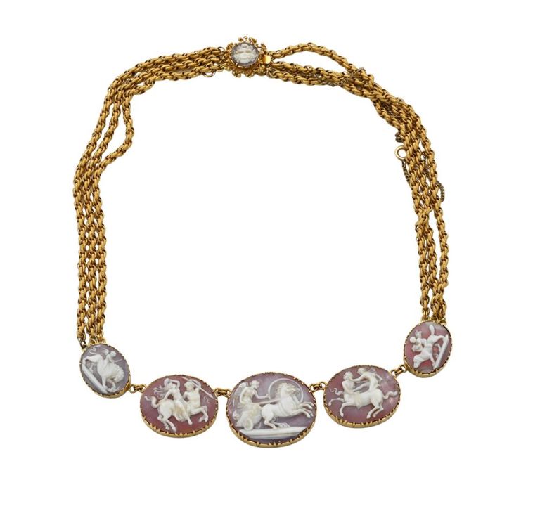 14k yellow gold necklace with five stone cameos