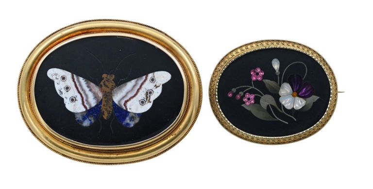 Two 14k yellow gold pietra dura brooches